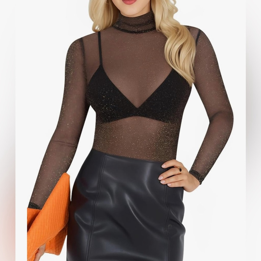 NEW Mesh Tops Long Sleeve Glitter Sheer Stretchy Sparkly Shirt XS